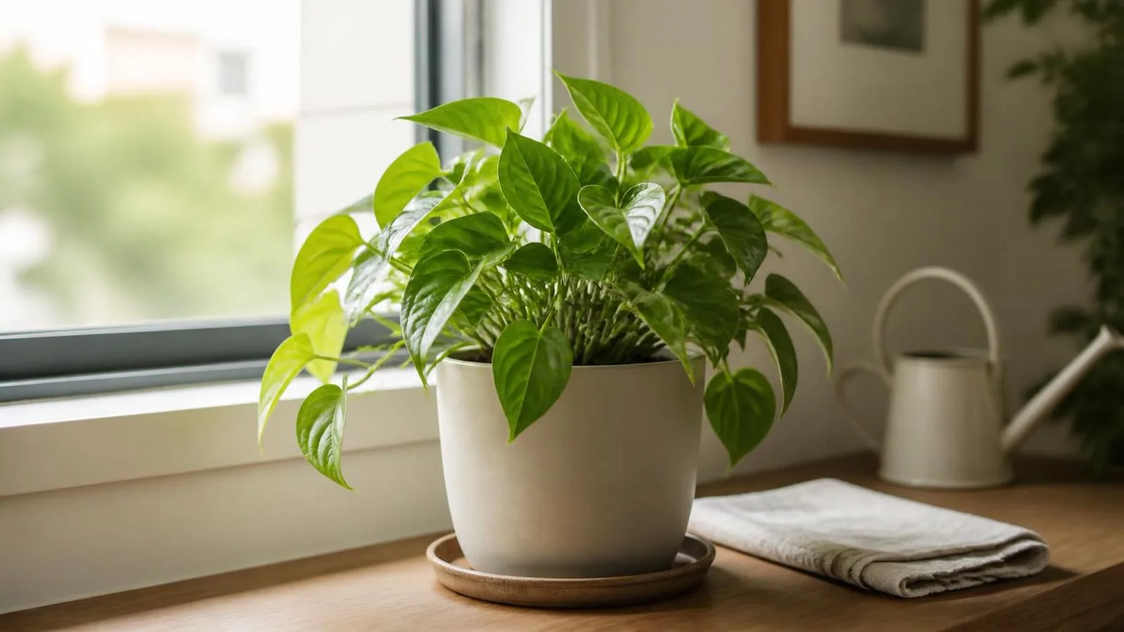 Planta de interior recuperada con hojas mas firmes en una mesa luminosa
