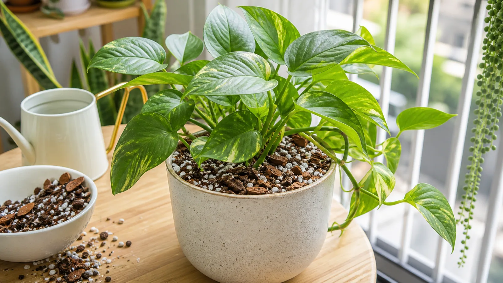 Planta de interior en maceta con sustrato aireado visible con perlita y corteza en la superficie