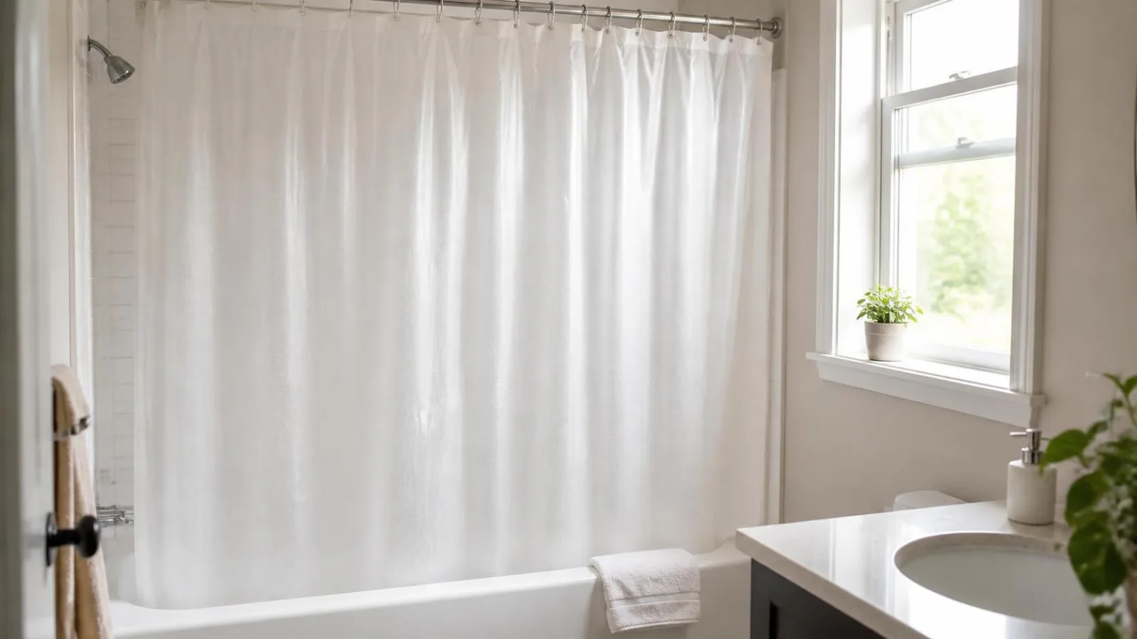 Cortina de baño limpia y extendida secándose en un baño ventilado después de lavarla