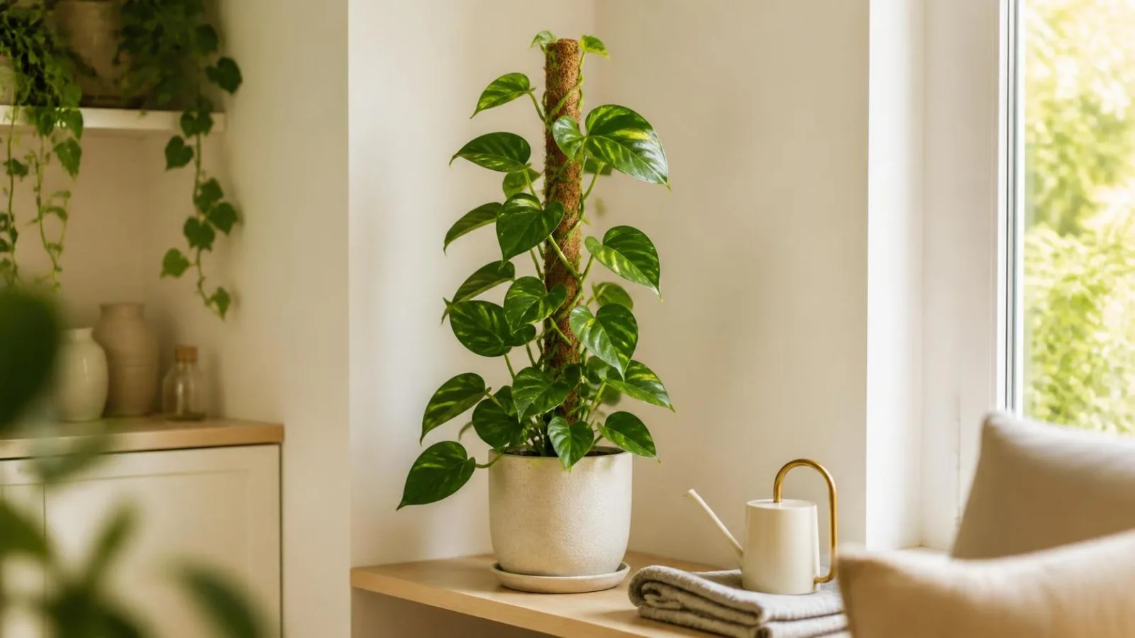 Planta trepadora de interior guiada con tutor y amarres suaves junto a una ventana