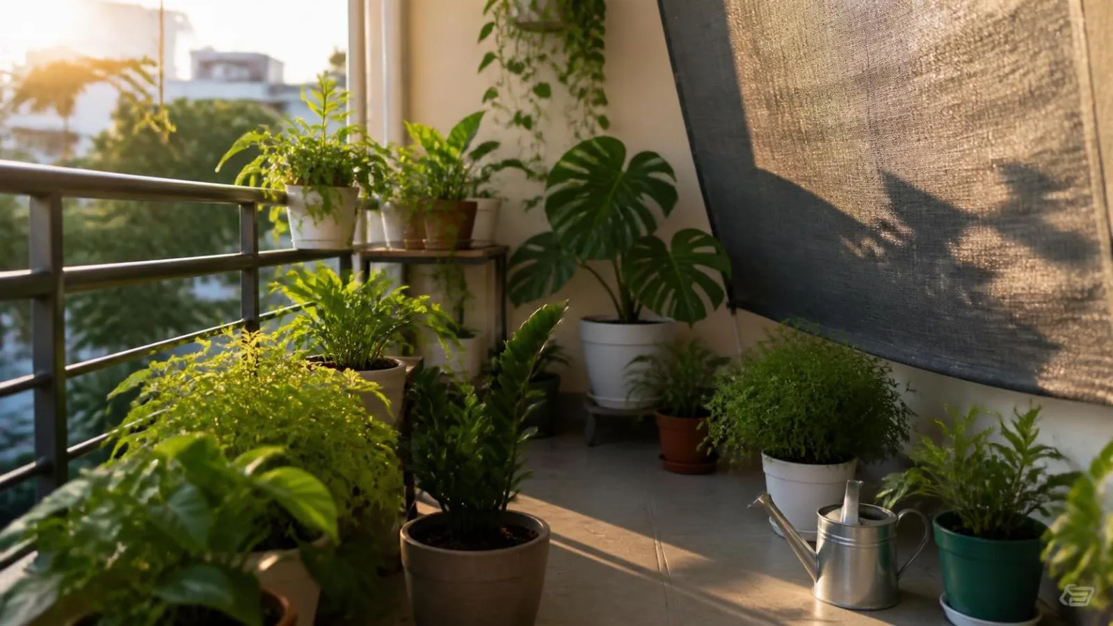 Balcon con plantas sanas protegidas por sombra ligera despues de ajustar riego y ubicacion