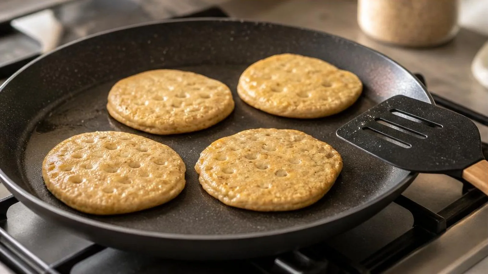 Hotcakes de avena y plátano cocinándose en sartén con burbujas en la superficie