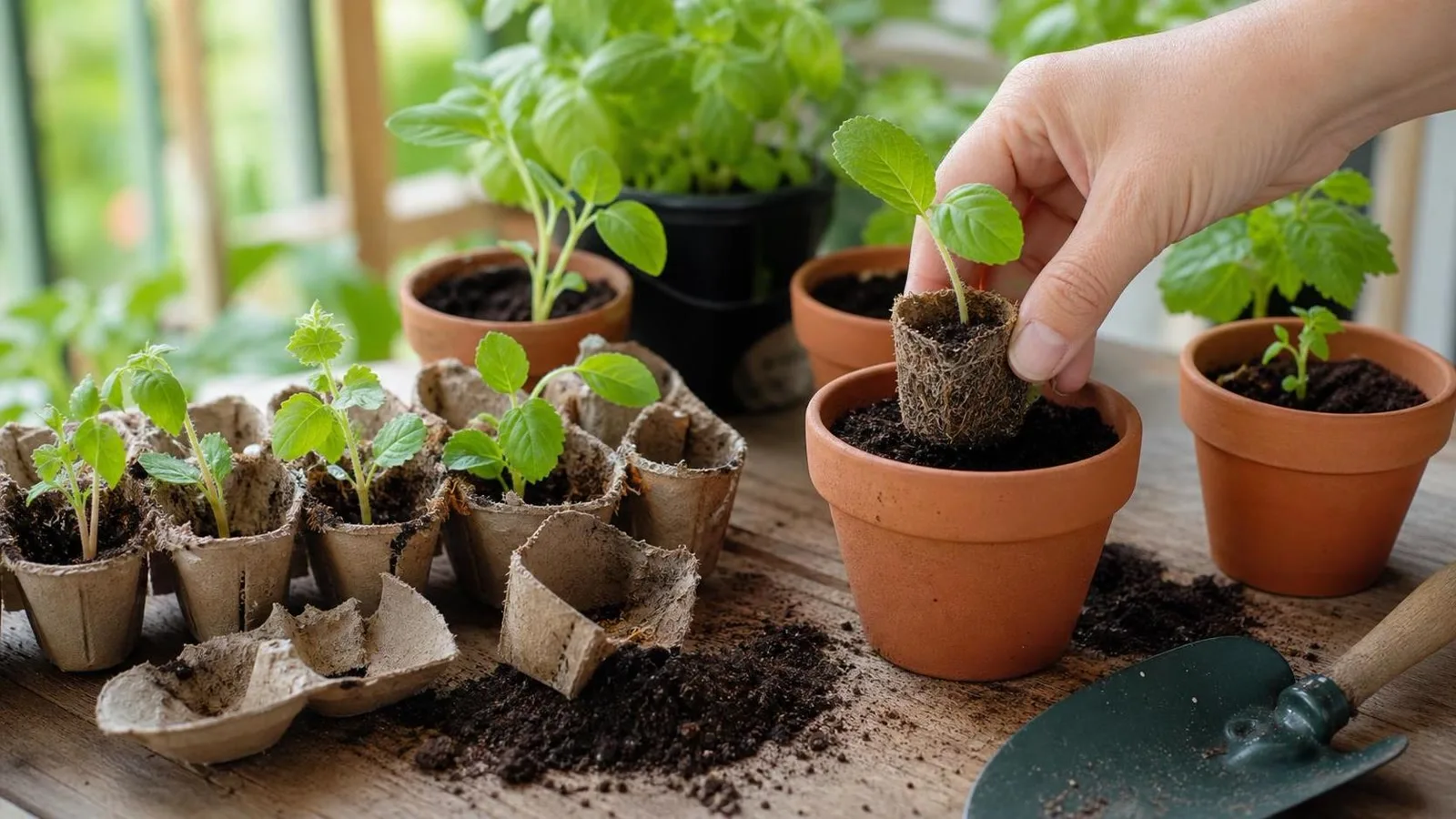 Plantulas del semillero de carton de huevo listas para trasplantar a macetas pequenas en una mesa de jardin