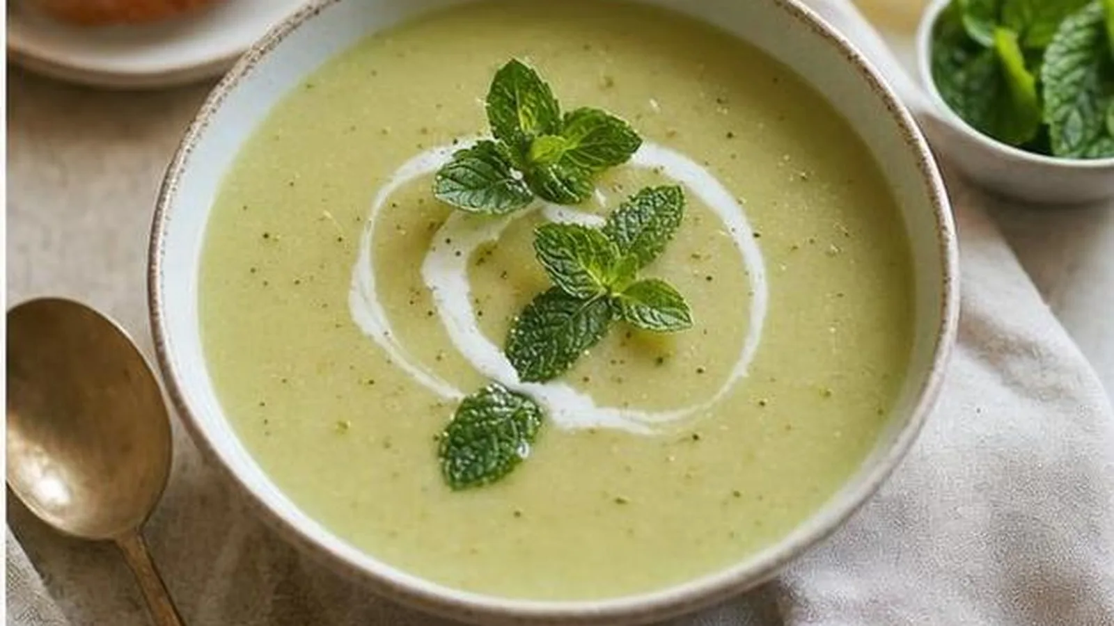 Crema de calabacin y manzana servida en bowl con menta fresca y un toque de yogur