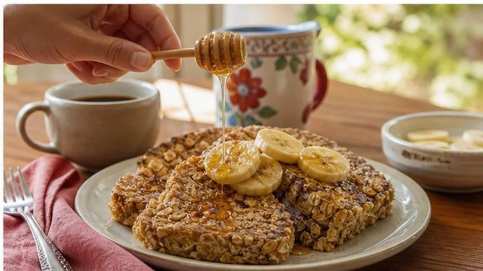 Tostadas francesas de avena servidas con platano, canela y miel en mesa de desayuno
