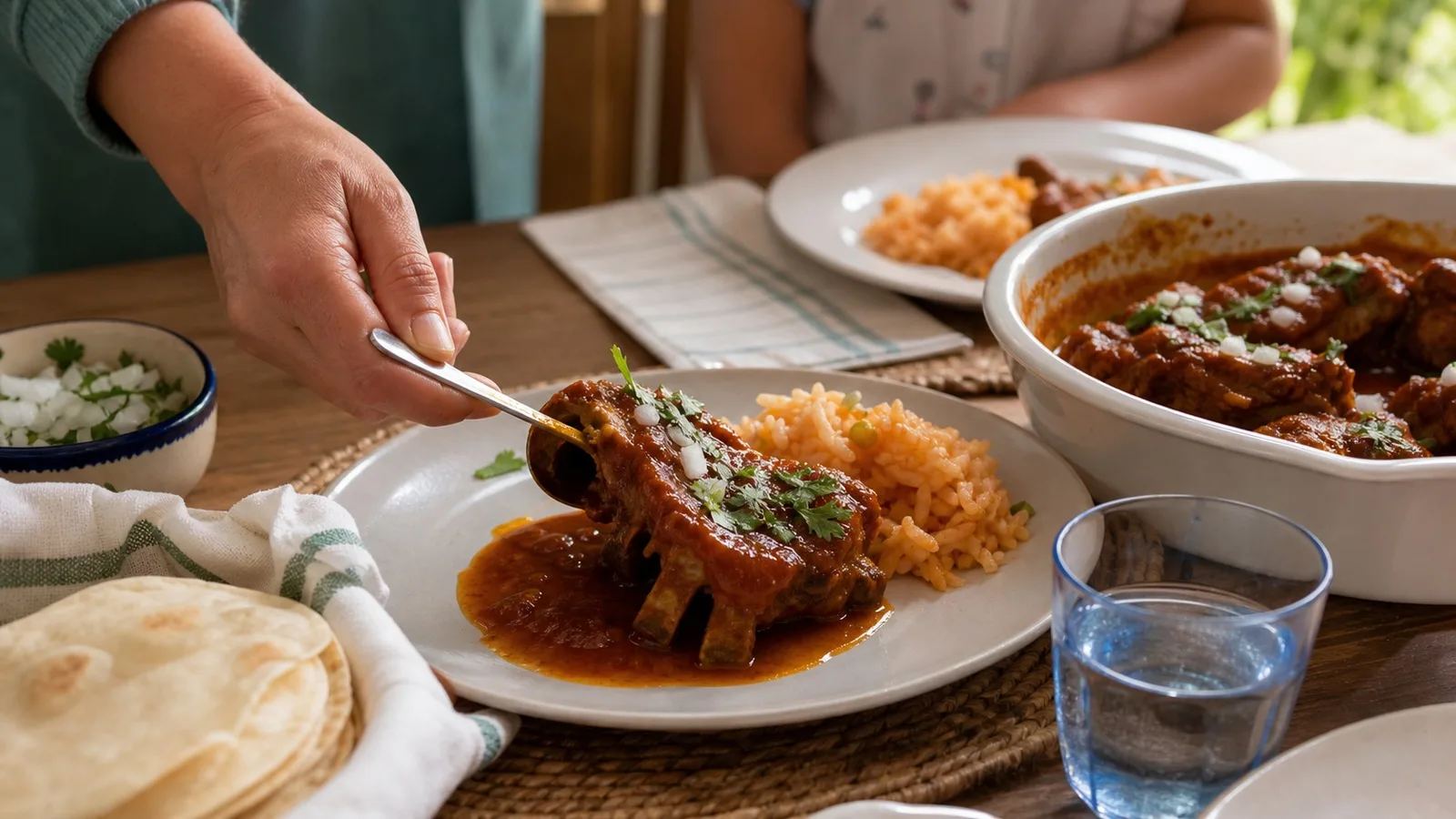 Costillas en salsa de guajillo y naranja servidas con arroz y tortillas