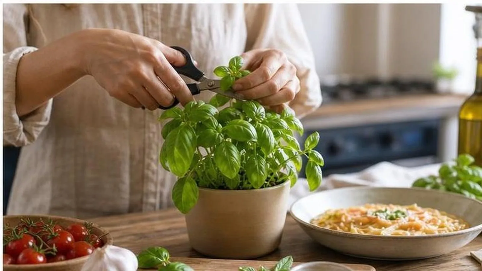 Persona cortando hierbas frescas de una maceta para usar en la cocina