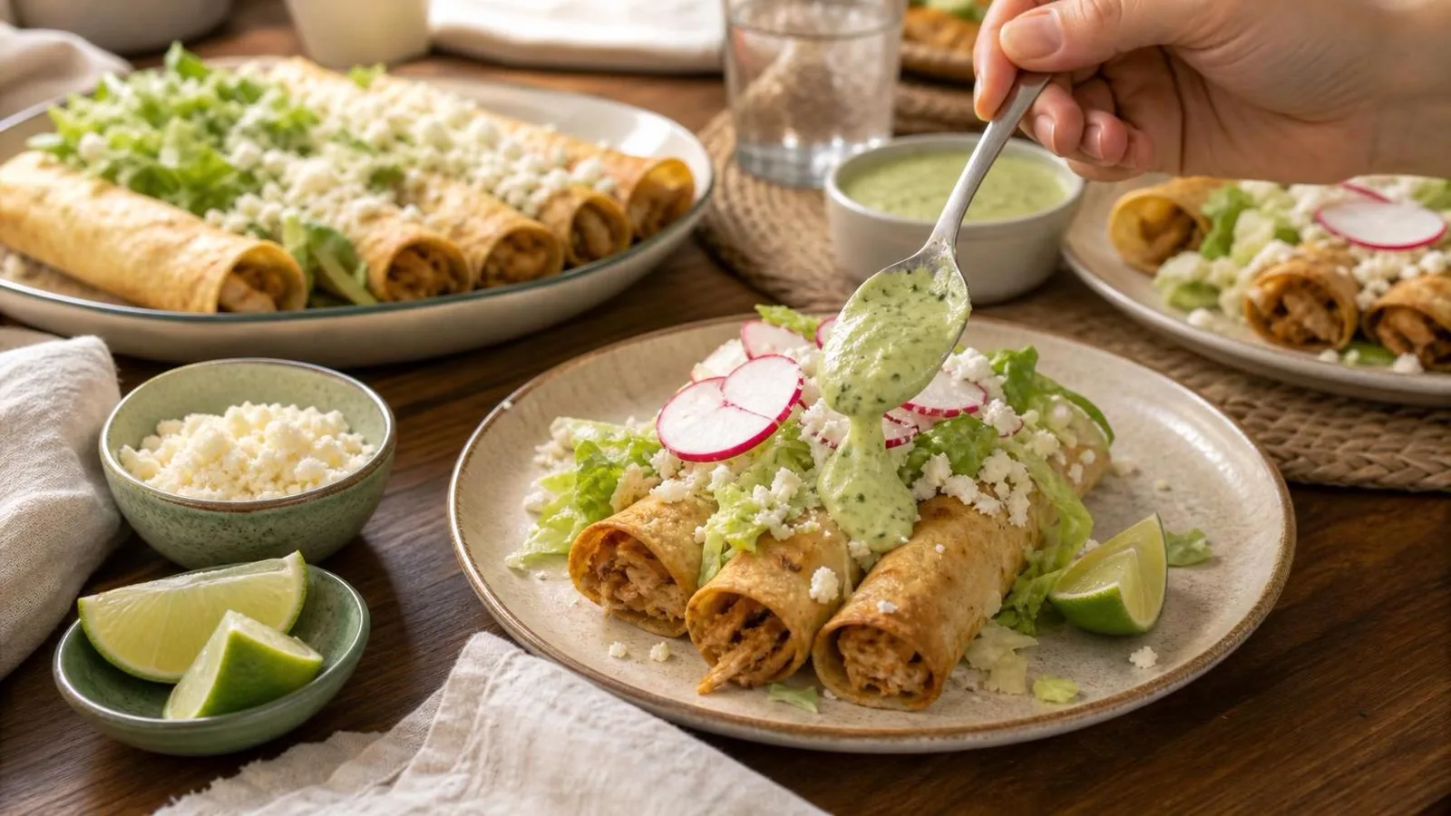 Flautas de pollo al horno servidas con salsa de aguacate, lechuga, queso fresco y limon