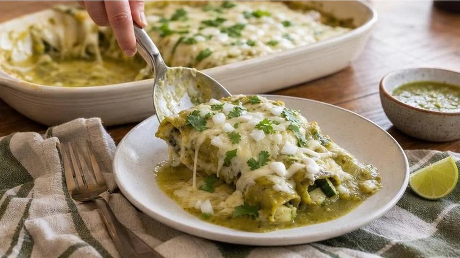 Enchiladas de calabacita y queso servidas con salsa verde cremosa, crema, cebolla y cilantro