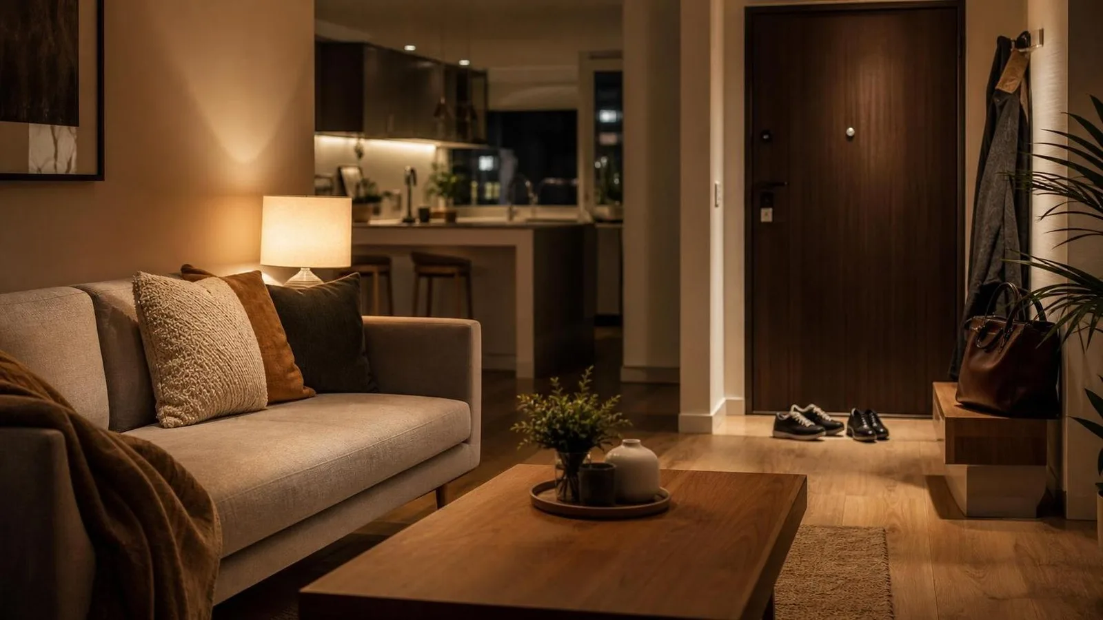 Casa tranquila de noche con cocina sala y entrada ordenadas despues de una rutina breve
