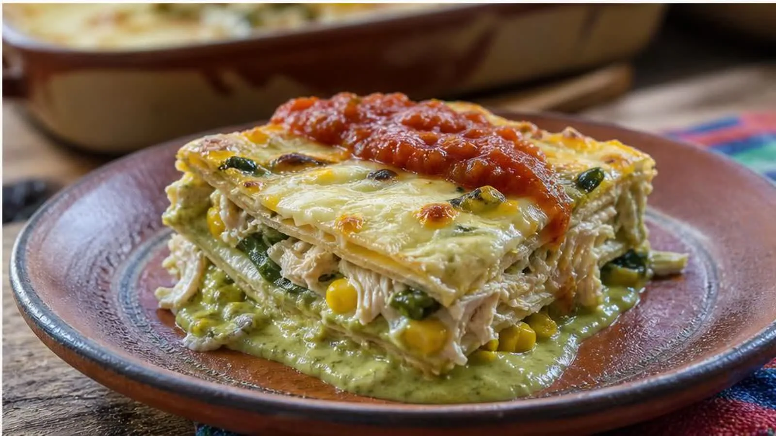 Pastel azteca de poblano gratinado y servido en porciones