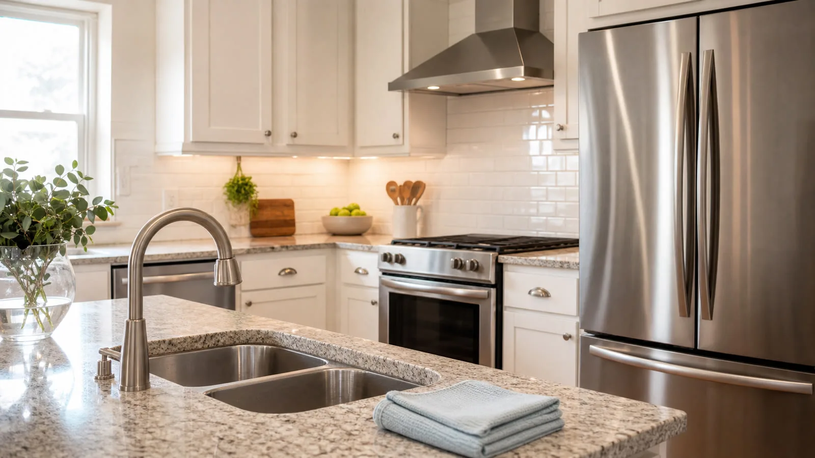 Cocina casera con electrodomesticos de acero inoxidable limpios y brillantes despues de una rutina de limpieza