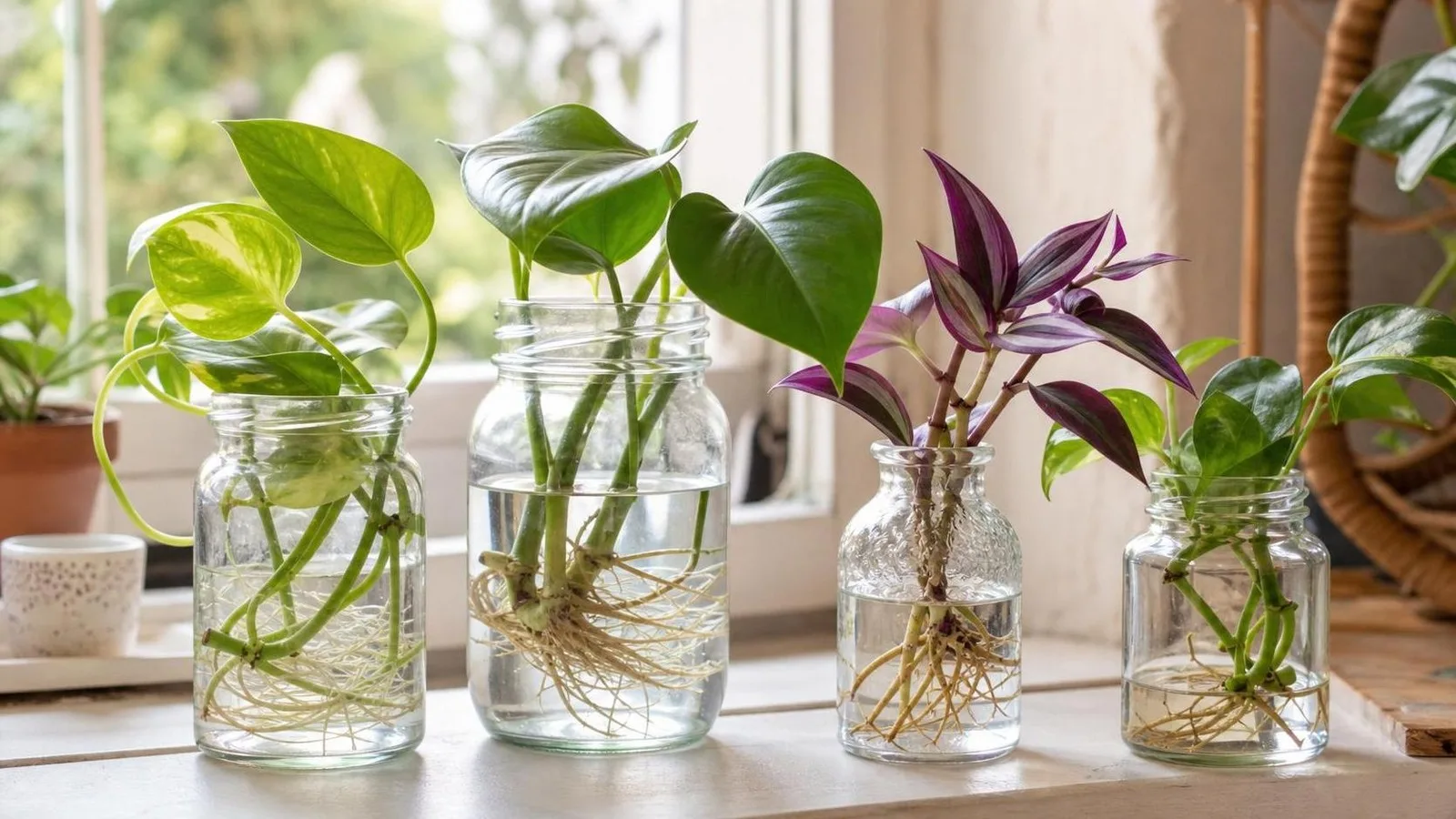 Plantas jóvenes de interior ya trasplantadas en macetas pequeñas junto a frascos con esquejes en agua