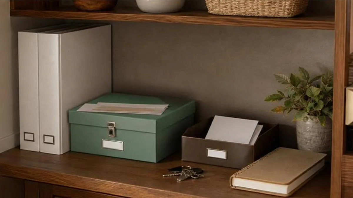 Estante de casa ordenado con carpeta familiar, caja de documentos y bandeja de entrada limpia