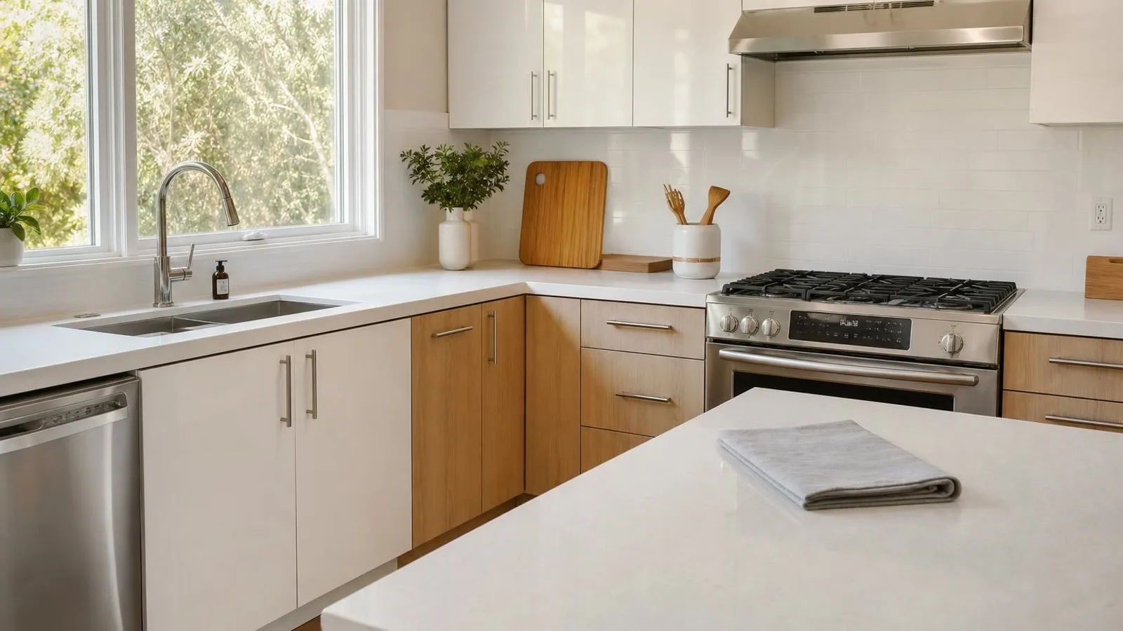Gabinetes de cocina organizados y limpios despues de retirar grasa con rutina suave