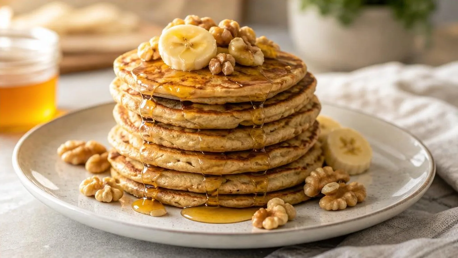 Hotcakes de avena y plátano terminados servidos con banana, nueces y miel