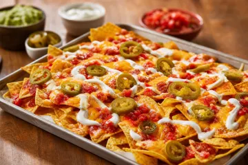Nachos caseros servidos con mucho queso derretido, jalapeños, crema y salsa