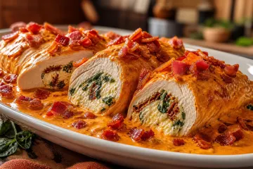 Pechugas de pollo rellenas bañadas en crema de chipotle y tocino dorado