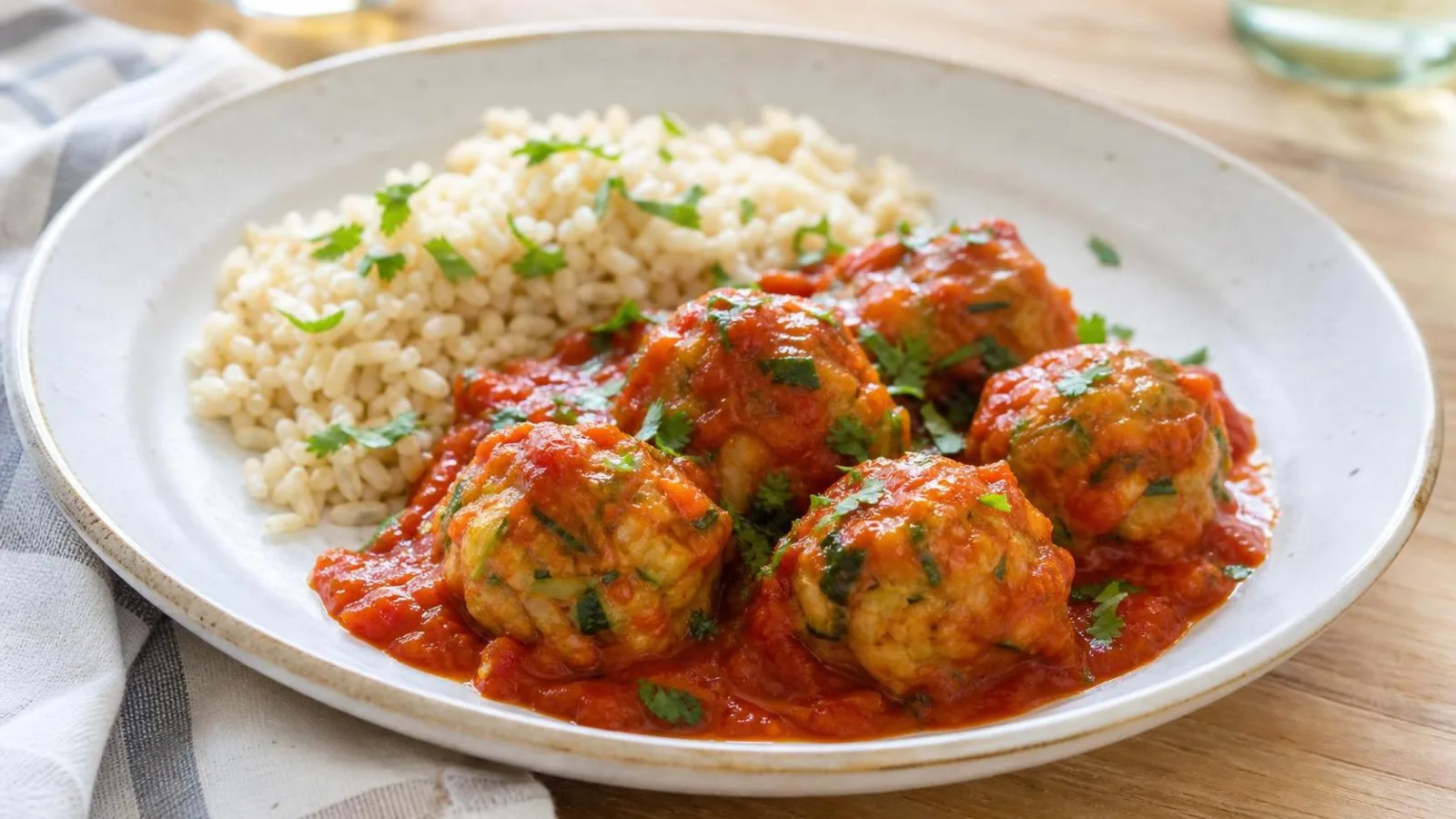 Albondigas de pavo con calabacita en salsa de tomate servidas con arroz integral