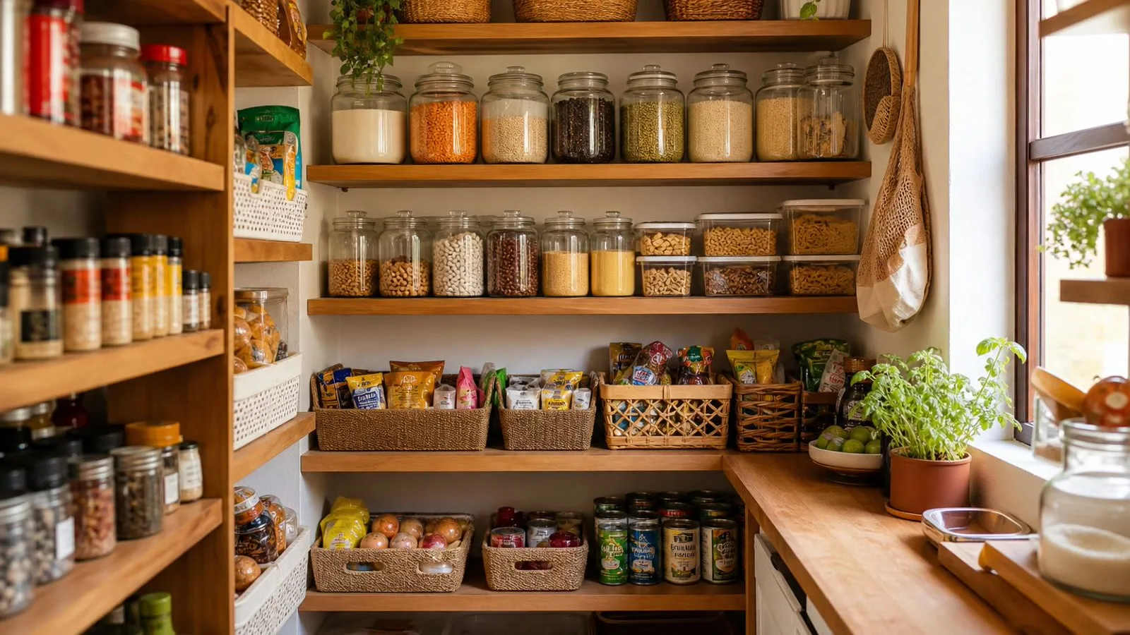 Alacena organizada con frascos canastas alimentos secos y etiquetas en cocina casera