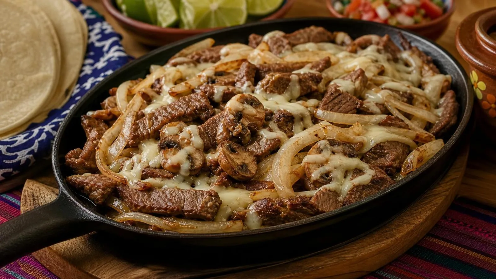 Alambre de bistec con cebolla, champiñones y queso servido en sartén casero
