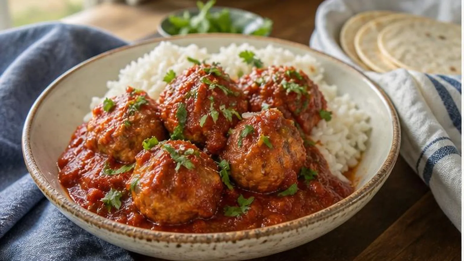 Albondigas de pollo en salsa roja con chipotle servidas con arroz y cilantro