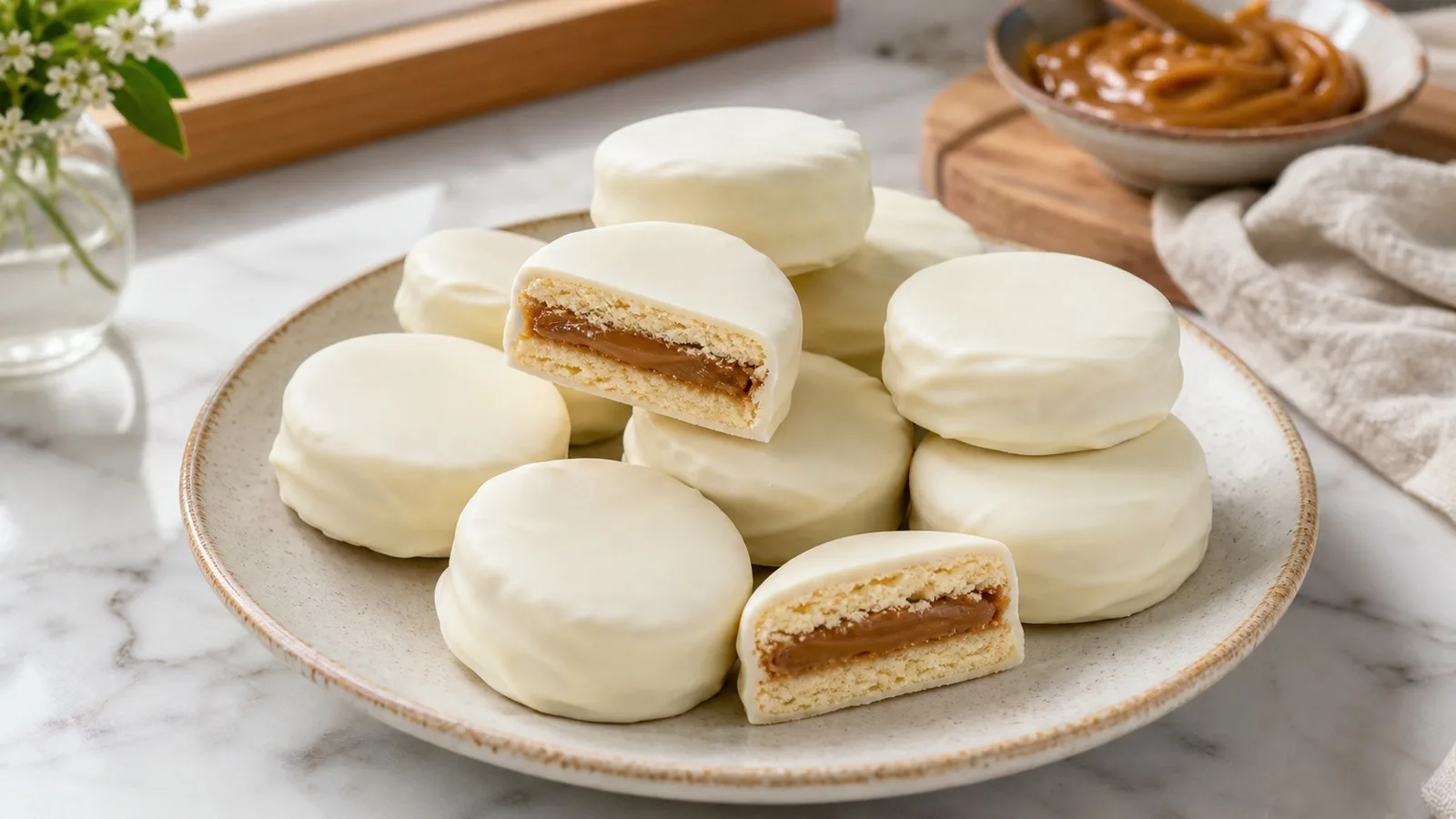 Alfajores blancos tipo marplatenses rellenos de dulce de leche y cubiertos con chocolate blanco
