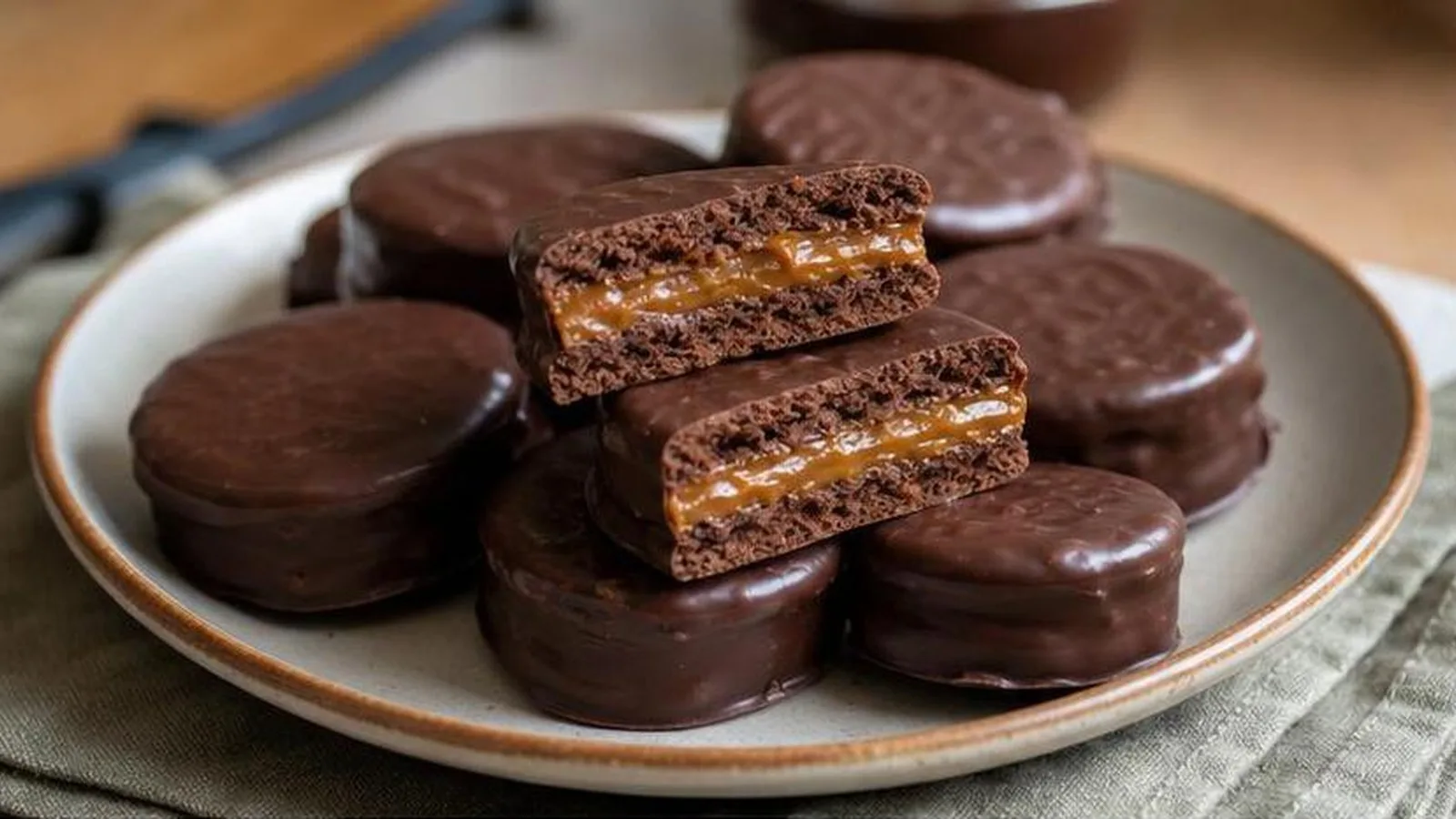 Alfajores de chocolate super tiernos rellenos de dulce de leche y cubiertos con chocolate oscuro