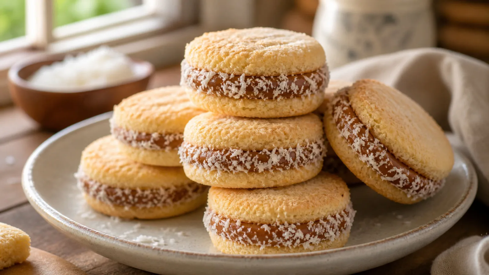 Alfajores de coco y dulce de leche servidos en mesa casera con textura dorada