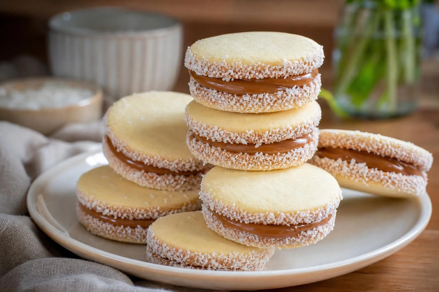 Alfajores de maicena rellenos de dulce de leche y cubiertos con coco rallado.