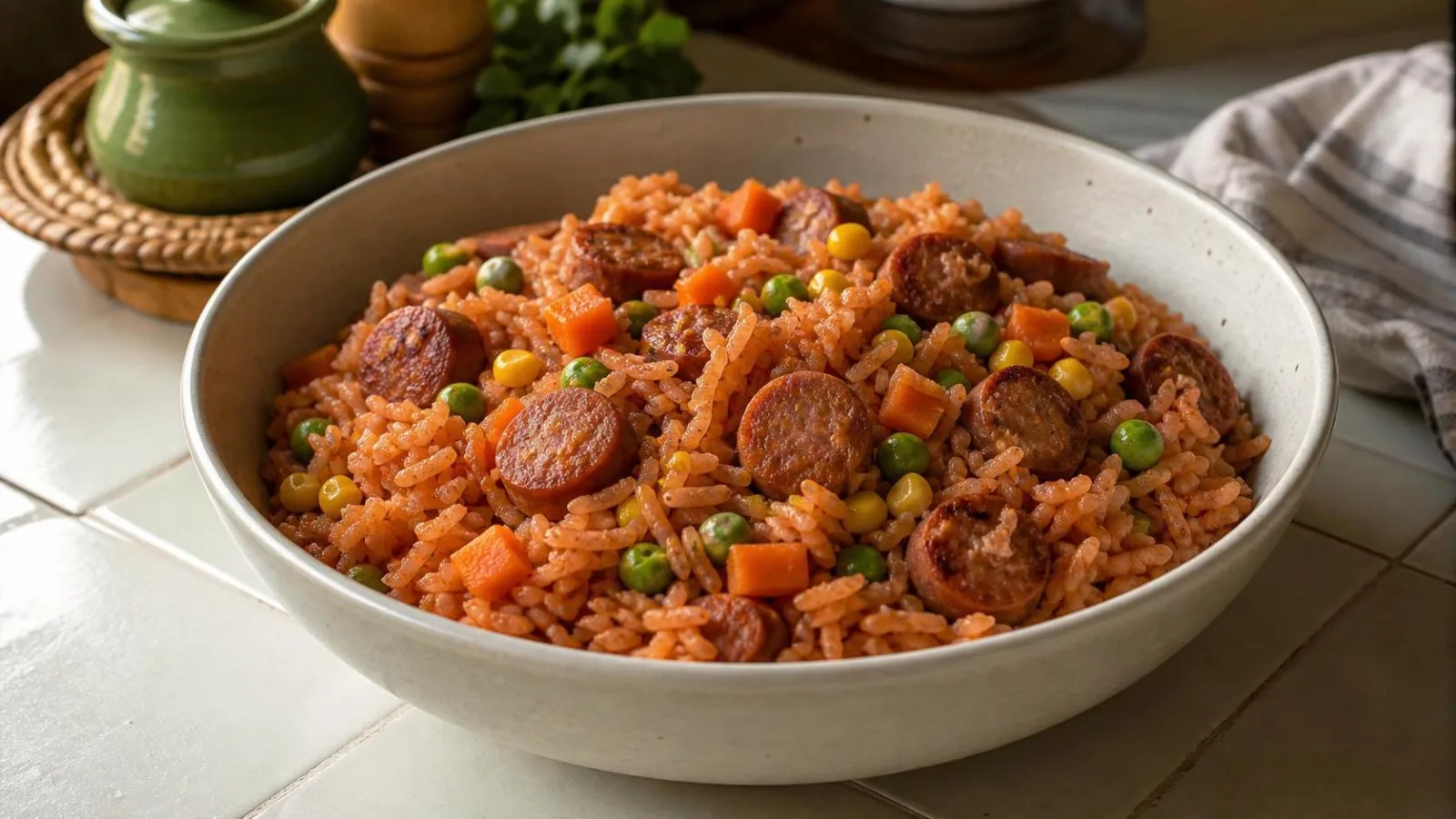 Arroz rojo con salchicha y verduras servido en plato hondo