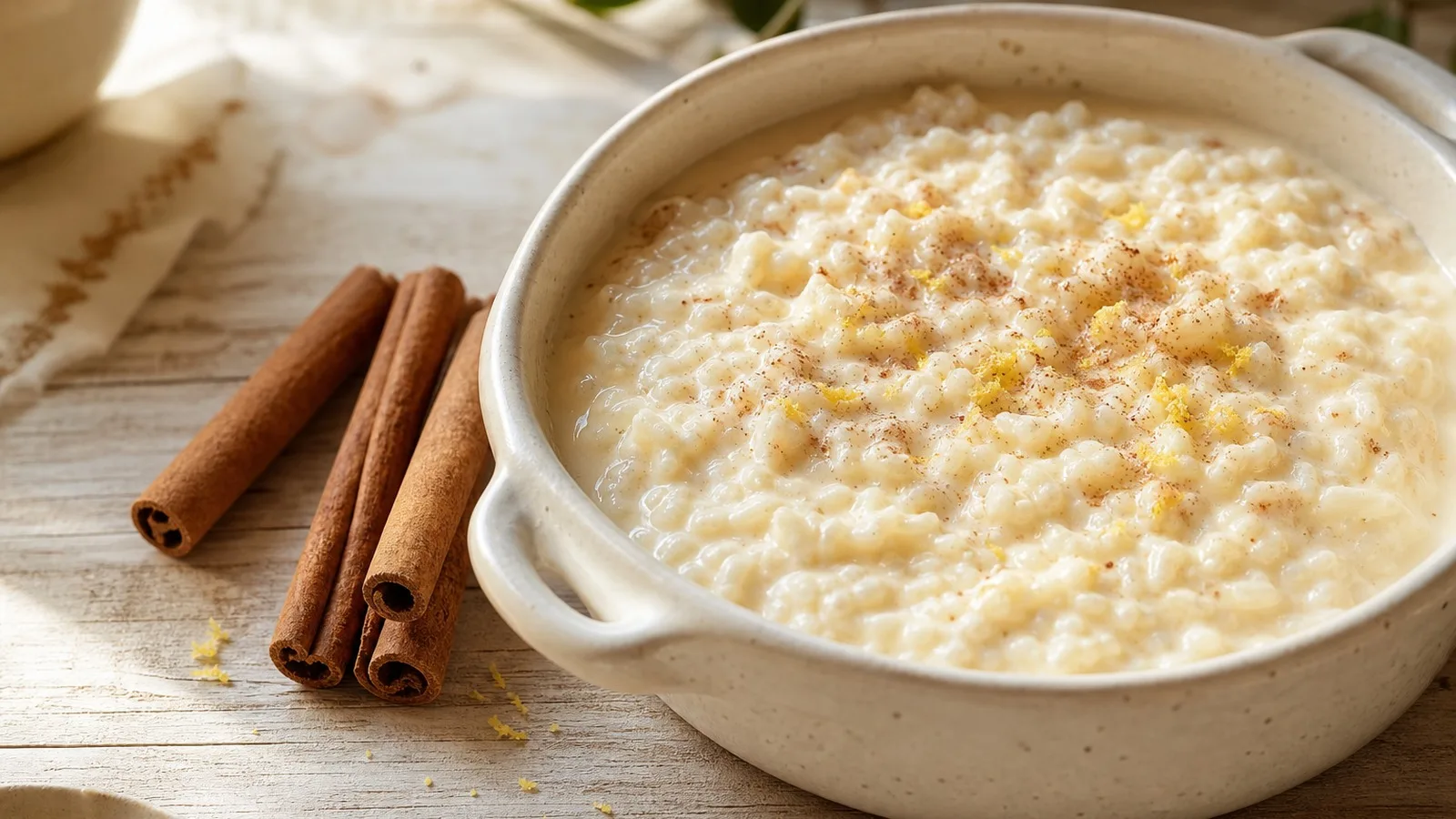 Arroz con tres leches cremoso servido en tazon con canela y textura suave.