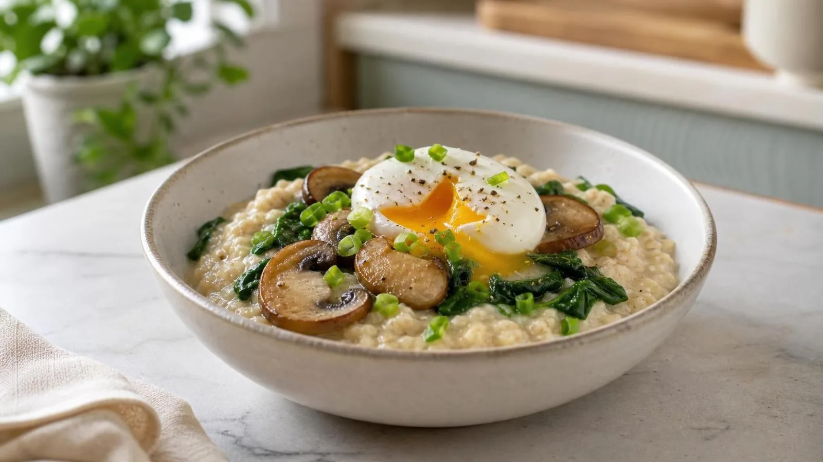 Avena salada cremosa con espinacas, champiñones y huevo suave servida en tazon