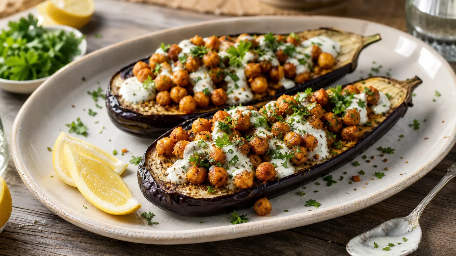 Berenjenas asadas con garbanzos especiados y salsa de yogur