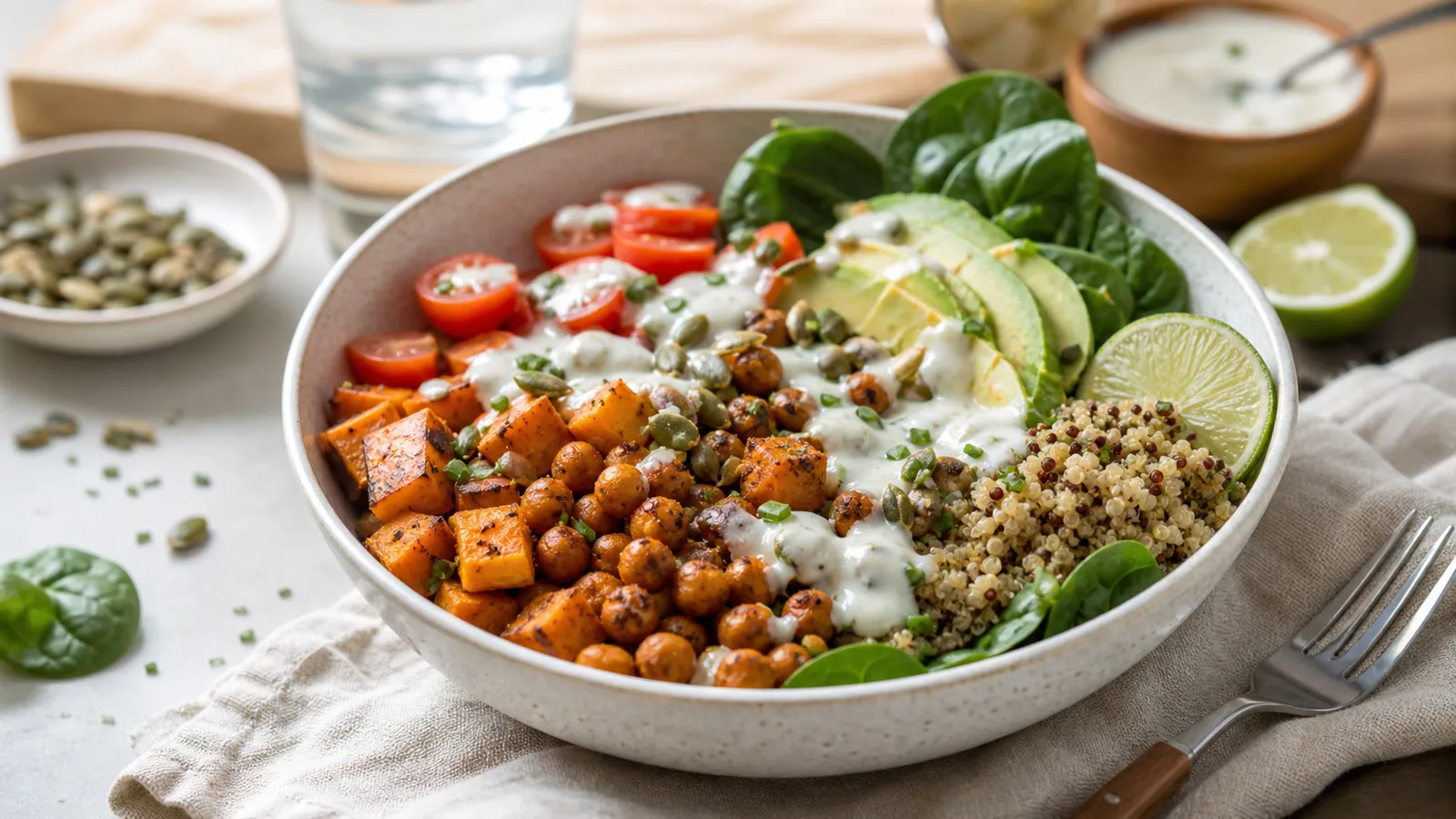 Bowl saludable de camote rostizado, garbanzos, aguacate y aderezo de limón