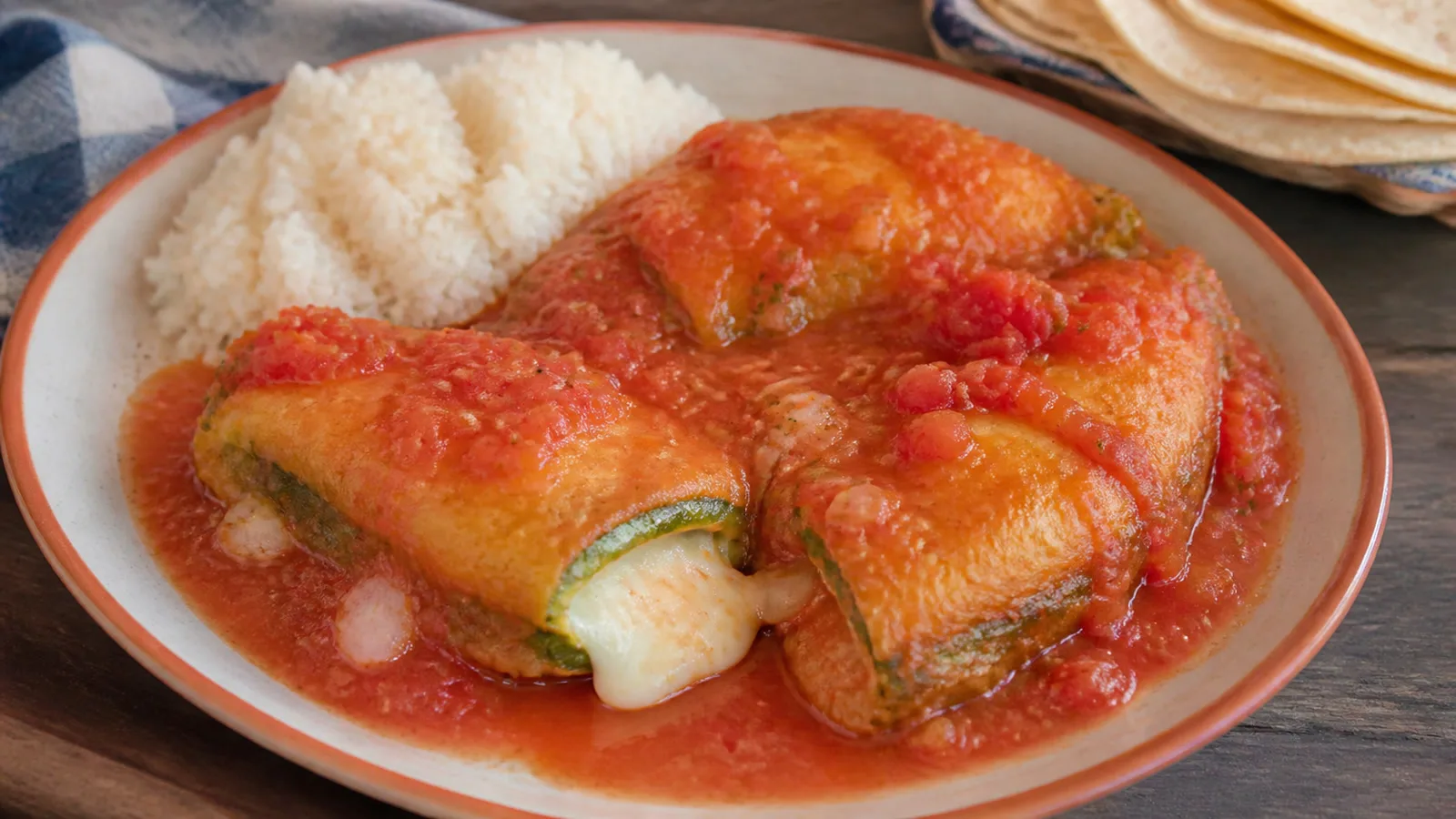 Calabacitas capeadas con queso servidas en caldillo de jitomate casero