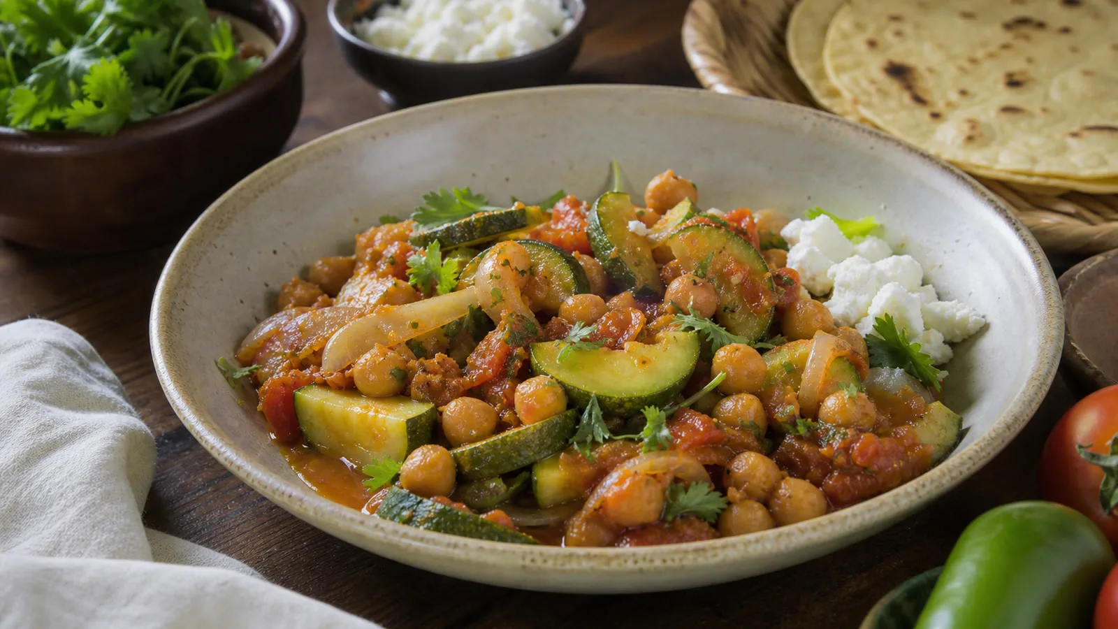 Calabacitas guisadas con garbanzos en salsa de tomate al comal servidas con tortillas