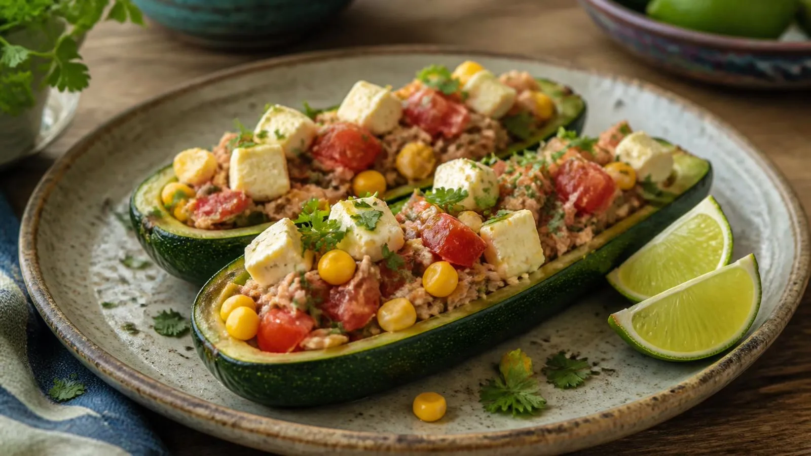 Calabacitas rellenas de atun con queso panela gratinado servidas en plato casero