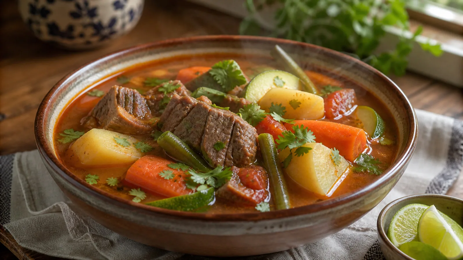 Caldillo de res con verduras servido en bowl casero con papas zanahoria y calabacita