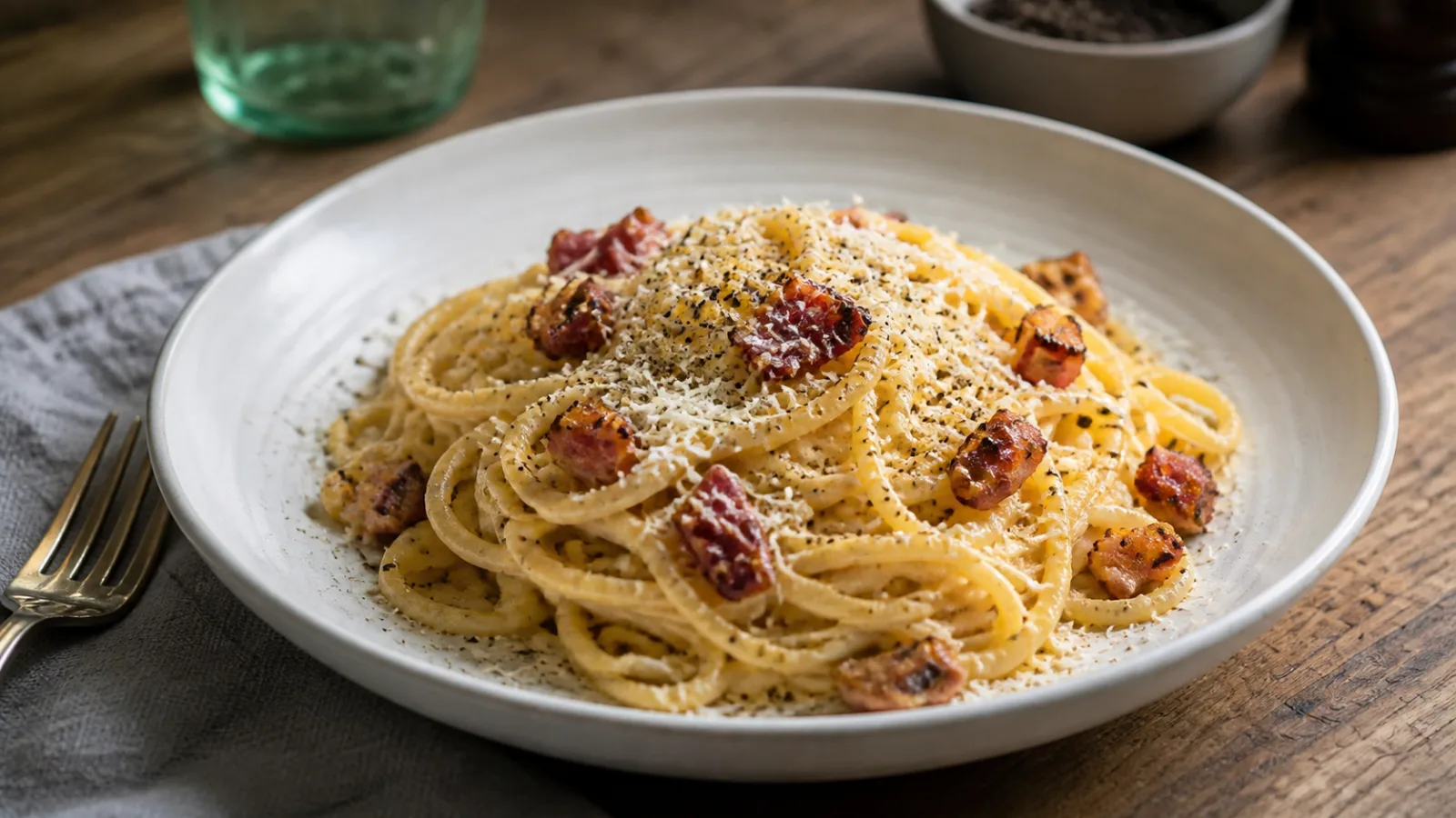 Plato de pasta carbonara cremosa con panceta dorada, queso rallado y pimienta negra
