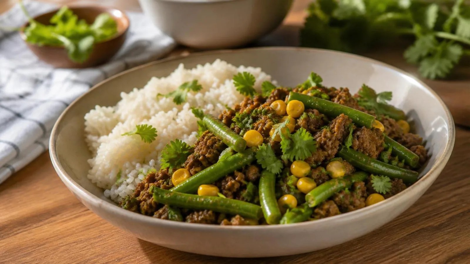 Carne molida con ejotes y elote servida con arroz y tortillas