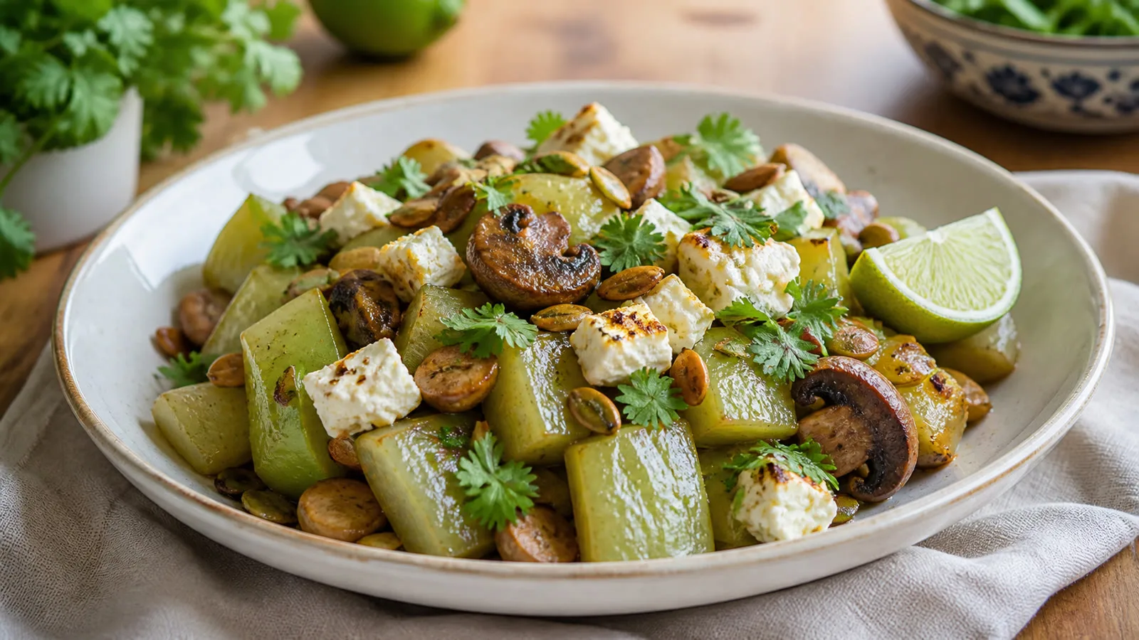 Chayotes salteados con champiñones y queso panela servidos en plato casero