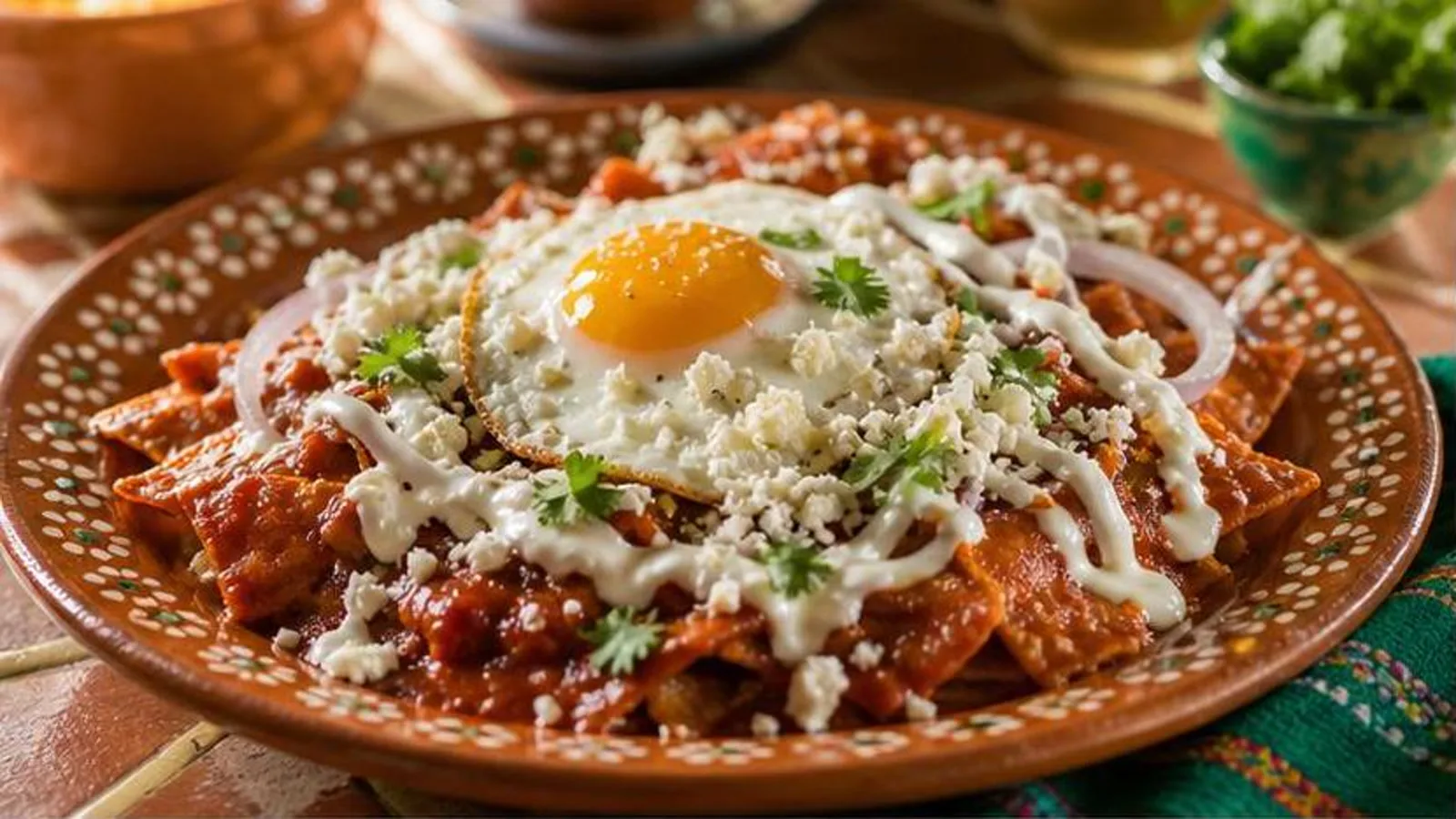 Plato de chilaquiles rojos con huevo estrellado crema queso fresco y cilantro