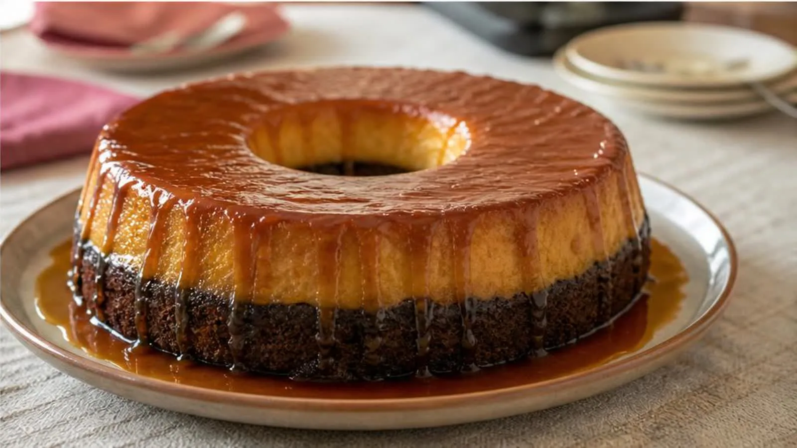 Chocoflan casero con flan cremoso, pastel de chocolate y caramelo brillante