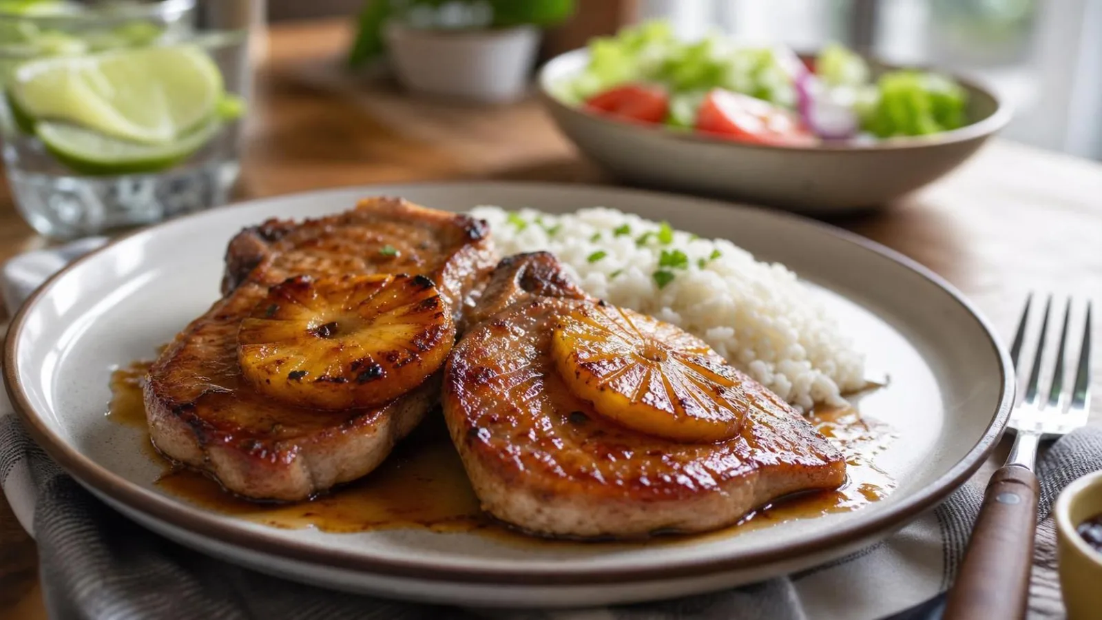Chuletas de cerdo con piña caramelizada servidas con salsa ligera