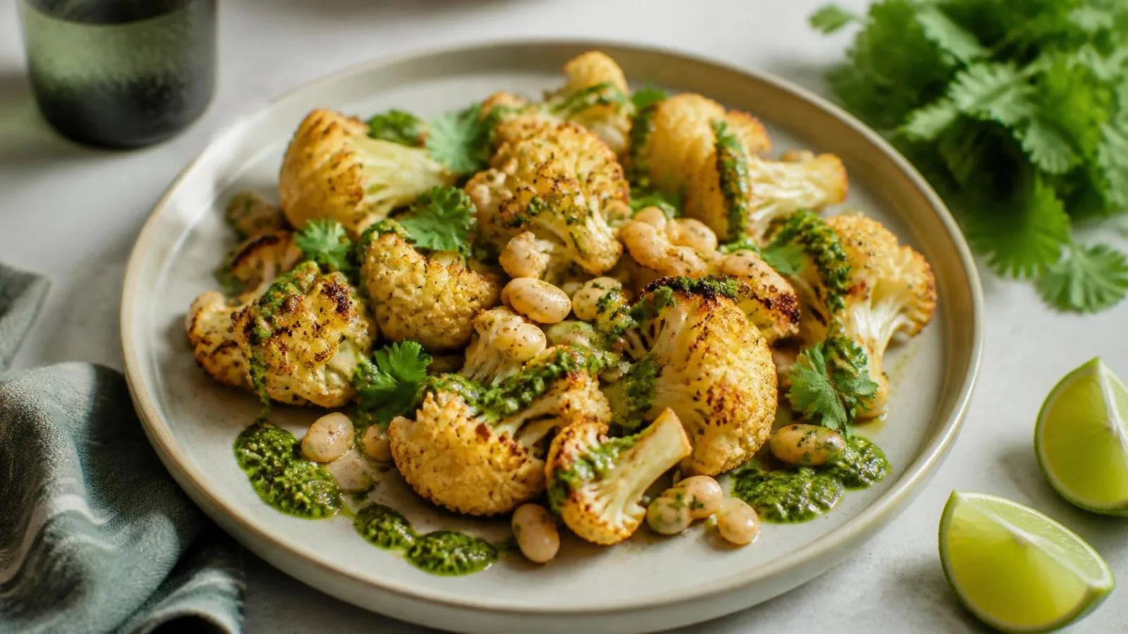 Coliflor rostizada con frijoles blancos y salsa de cilantro servida en plato casero