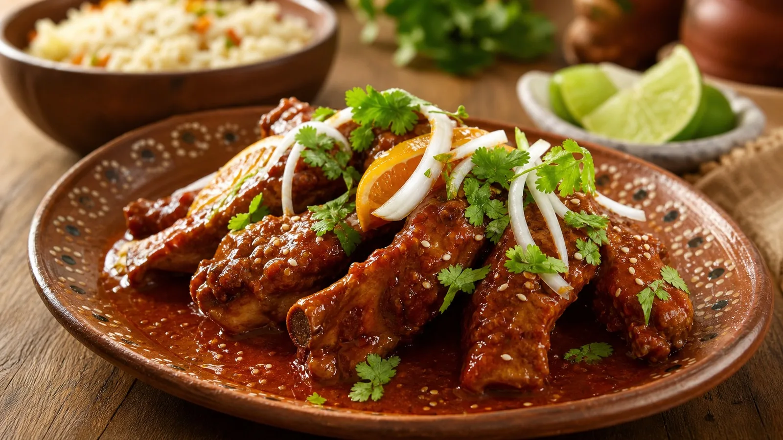 Costillas de cerdo en salsa de guajillo y naranja servidas con cilantro, cebolla y arroz