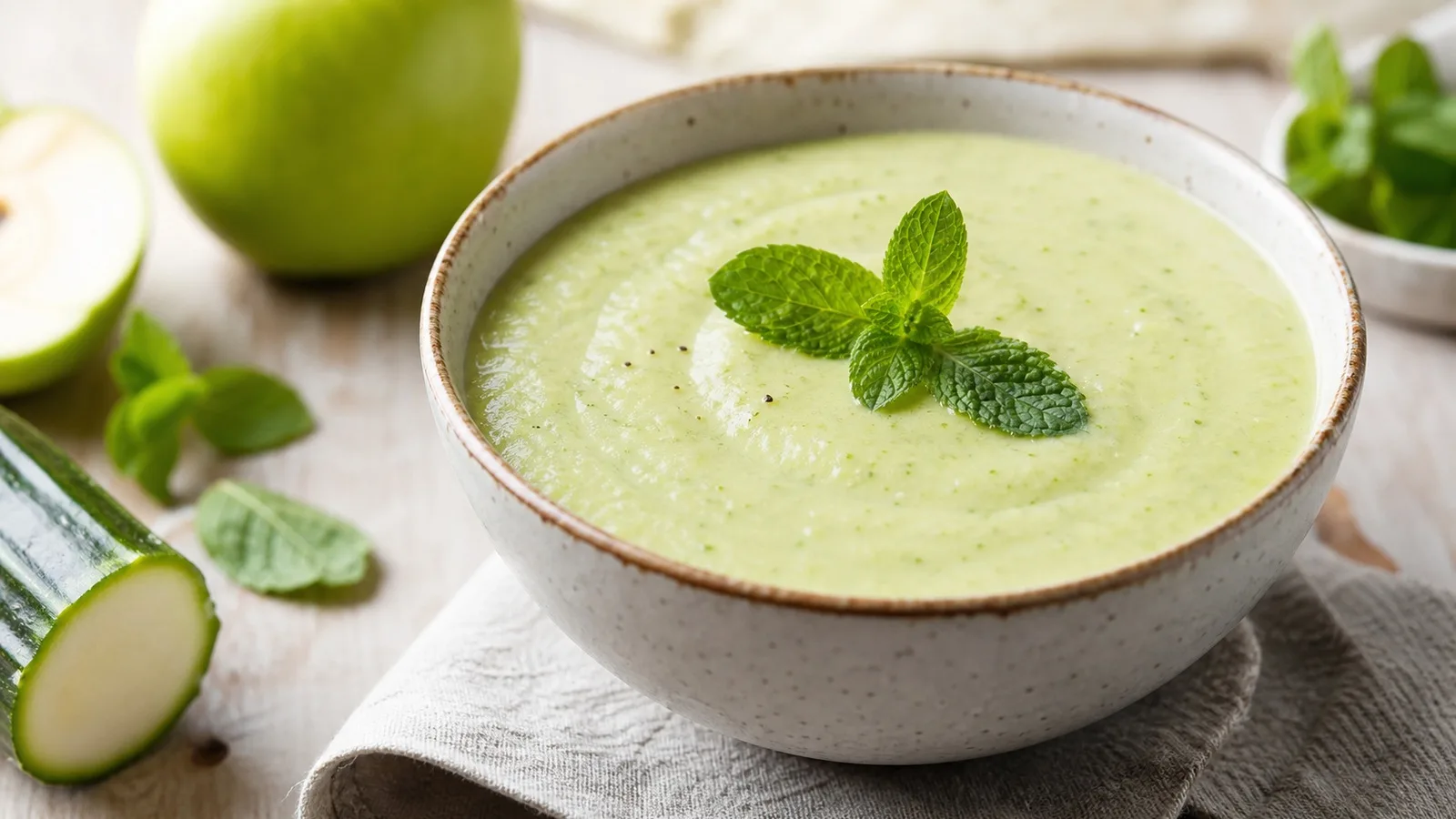 Crema de calabacin y manzana con menta servida en bowl