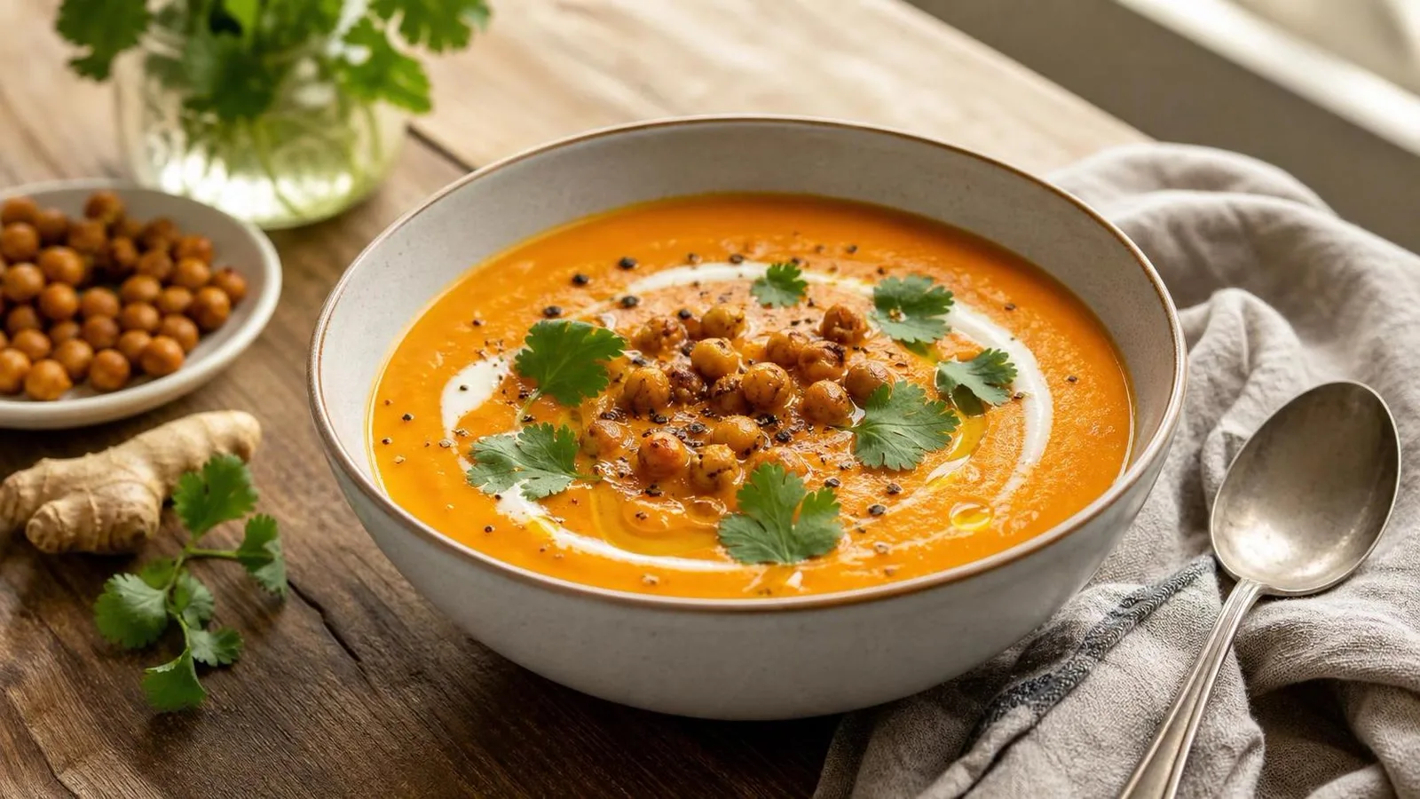 Crema ligera de zanahoria y jengibre servida con garbanzos crujientes