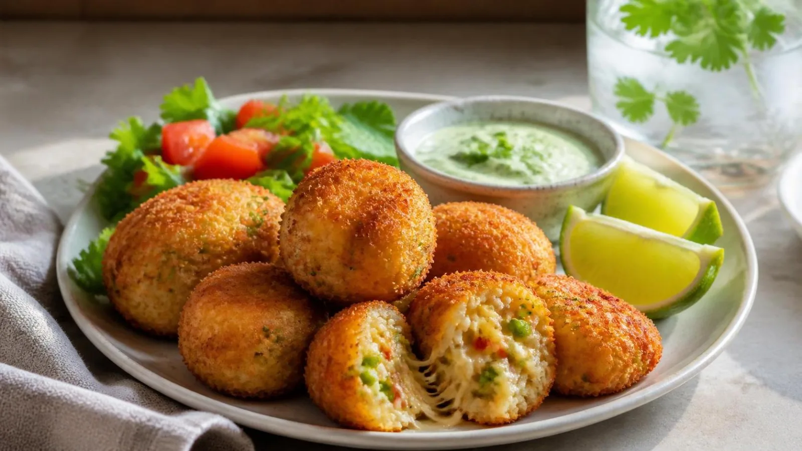 Croquetas de arroz con queso y verduras servidas con salsa y limon